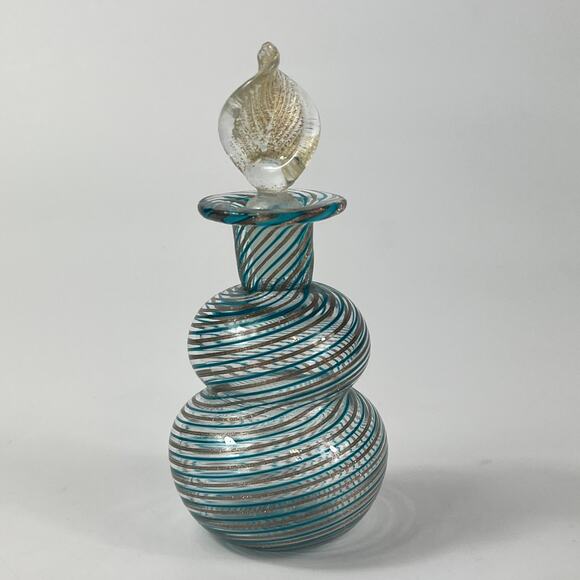 Venetian Murano Perfume Bottle Blue Gold Mouth Blown Fine Art Glass Handblown - Picture 1 of 13